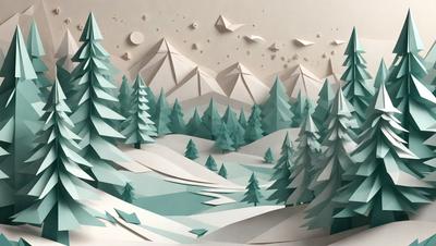 The primary subject of the image is a snowy mountain landscape. The setting is a wintery environment with snow-covered trees and a mountain range in the background. The visual style is a combination of digital art and illustration, creating a realistic and detailed representation of the scene. The colors and mood are predominantly white and cold, reflecting the wintry atmosphere of the mountain range.